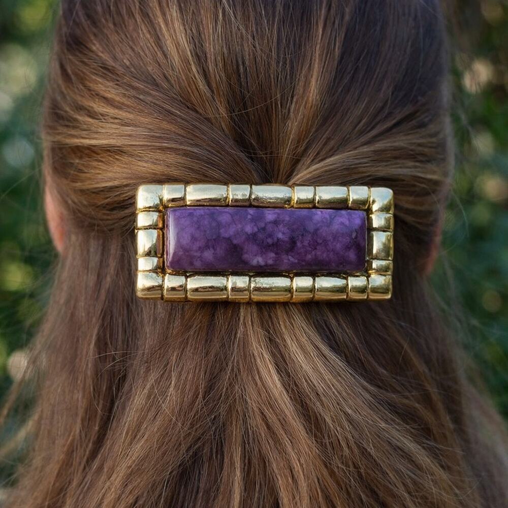 Vintage Purple Stone Barrette Gold Tone Statement Hair Clip Retro 80s 90s